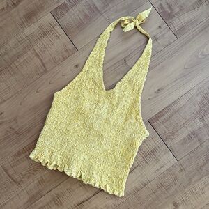 Summer Cotton Yellow Halter Neck Seersucker Top